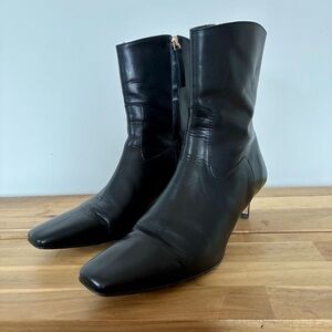 ALOHAS Classic Black Leather Kitten Heel Boots Square Toe Ankle Booties Anthro